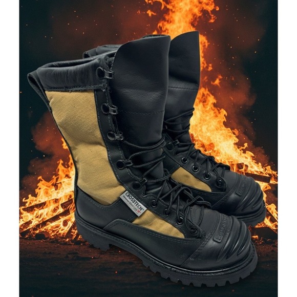 CROSSTEC 🔥BLACK LEATHER🚨 AMBER CANVAS LACE UP BOOTS 6 Firefighter‎